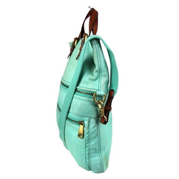 Fossil AQUA GREEN GENUINE LEATHER CONVERTIBLE TAN TOP HANDLE SHOULDER BAG TOTE - Picture 3 of 14